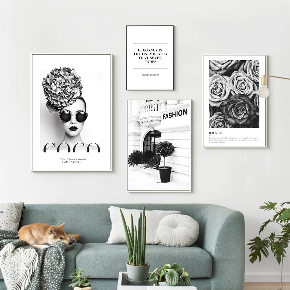 

Fashion Magazine Poster Black White Rose Vintage Art Print Model Photography Canvas Painting Wall Picture Living Room Home Decor