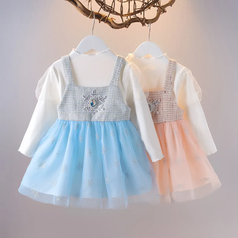 

Корейская версия, комплект одежды для новорожденных девочек, Белый Топ с длинным рукавом и сетчатыми вставками, платье принцессы на бретель...