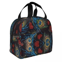 heart beautiful peacock feathers and red hearts insulated lunch bags print food case cooler warm bento box lunch box for school