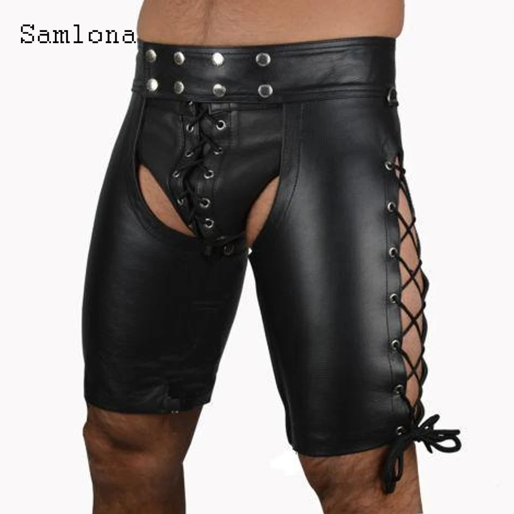 Sexy Men's Fetish Costume Shorts Open Crotch Faux Pu Leather Erotic Lingerie Wetlook 2022 New Fashion Lace-up Rivet Shorts