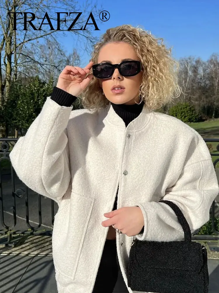 

TRAFZA Women Casual Loose Jacket Coat Vintage Solid Single Breasted Long Sleeve Bomber Jacket For Woman Autumn Outwear Chic Coat