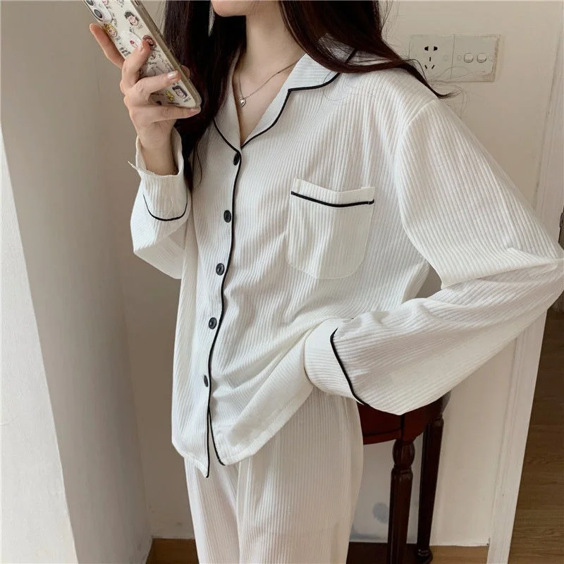 QWEEK Korean Sleepwear Women's Pajamas 2021 Home Clothes Set for Girls Suit White Long Sleeve Pijama Homewear Nightie Pyjamas