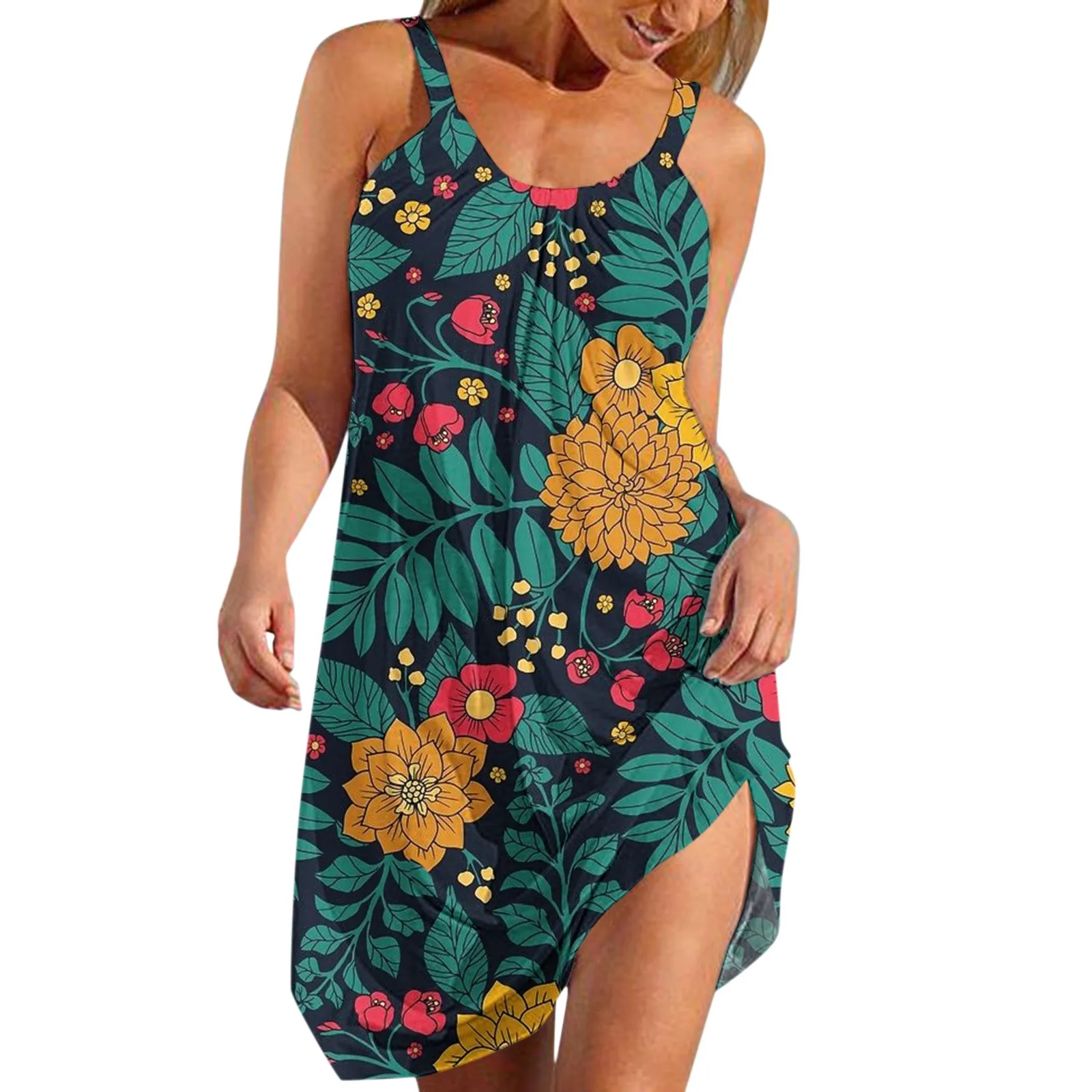 

Casual Fall Dresses for Women Womens Summer Dress Print Crewneck Sleeveless Swing Dress Casual Comfy Boho Beach Dress Reception
