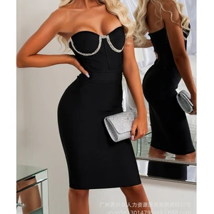 Women Dress Summer Sexy Diamond Chain Stitching Dress Womens Casual Solid Color Slim High Waist Backless Strapless Dress