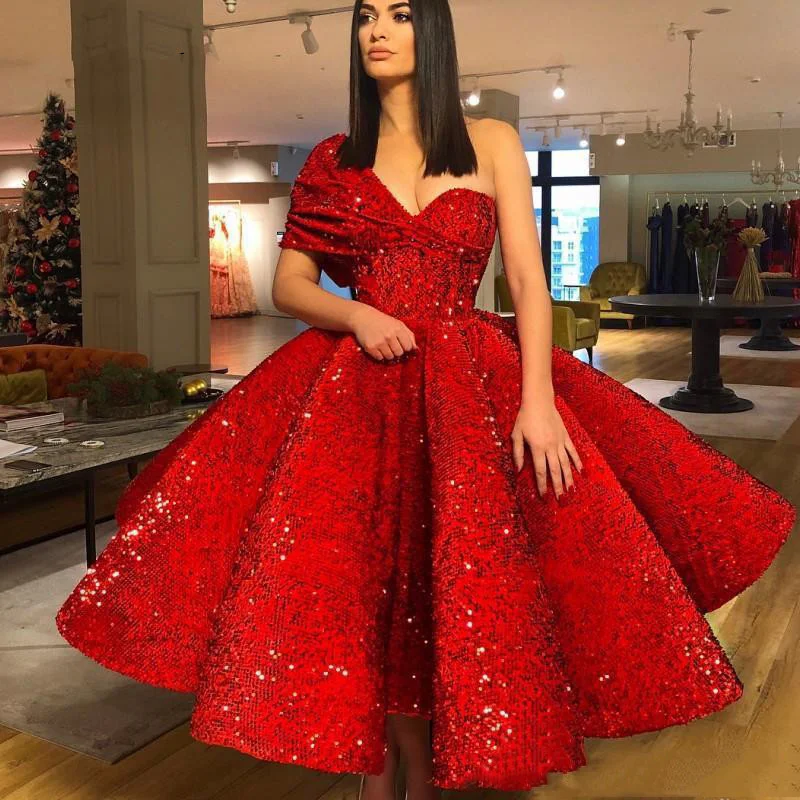 

Red sequins Shoulder Sequin Prom Gowns Ankle Length robe de soiree Ball Gowns Short Evening Dresses 2023 vestidos de noche