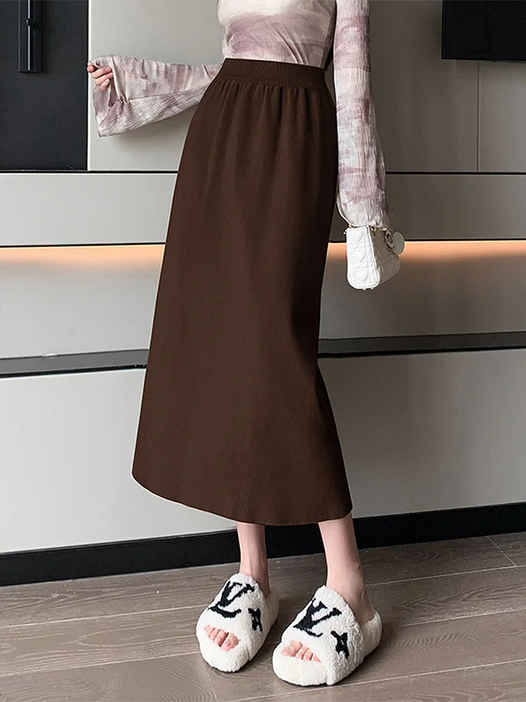 

Женская трикотажная юбка с разрезом на спине, прямая Повседневная Однотонная юбка с высокой талией, 2023