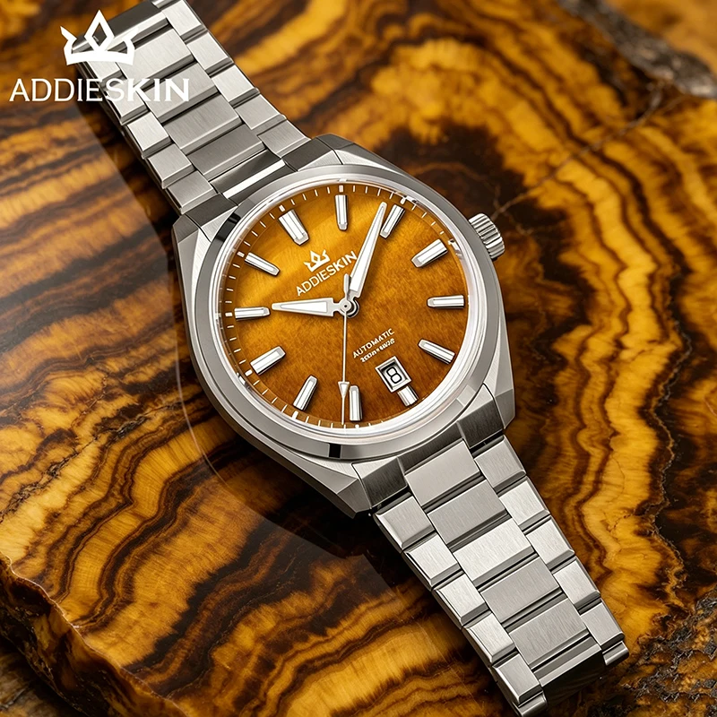 Фото ADDIESKIN K010 Автоматические мужские часы с циферблатом из натурального камня тигрового глаза, BGW9, светящиеся, водонепроницаемые до 200 м, с сапфировым стеклом, из нержавеющей стали №4