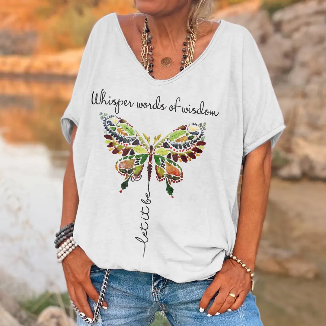 

Printed Butterfly Summer Loose V-Neck Pullover Short Sleeve T-Shirt