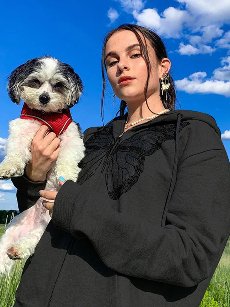 Модные женские худи с рисунком бабочки на молнии уличная одежда в стиле E-girl 90-х