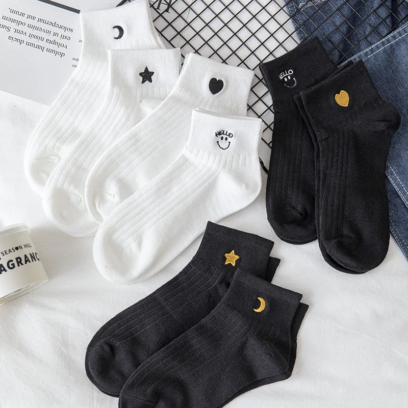 

Black Socks Women's Pure Cotton Spring Summer Thin White Socks Embroidery Spring and Autumn College Style Low-top Short Tube