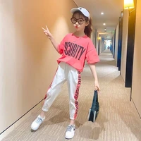 2 pieces tracksuit size 4 6 8 10 12 years summer girls letter clothing sets kids teenager sports t shirt and pant shorts outfits