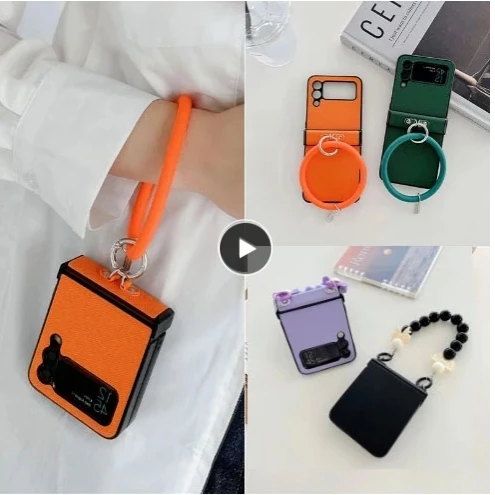 

Leather Case for Samsung Galaxy Z Flip 3 4 Flip3 Flip4 5G Protective Phone Cover Coque Samsung Z Flip 4 Hand Strap Ring Bracelet
