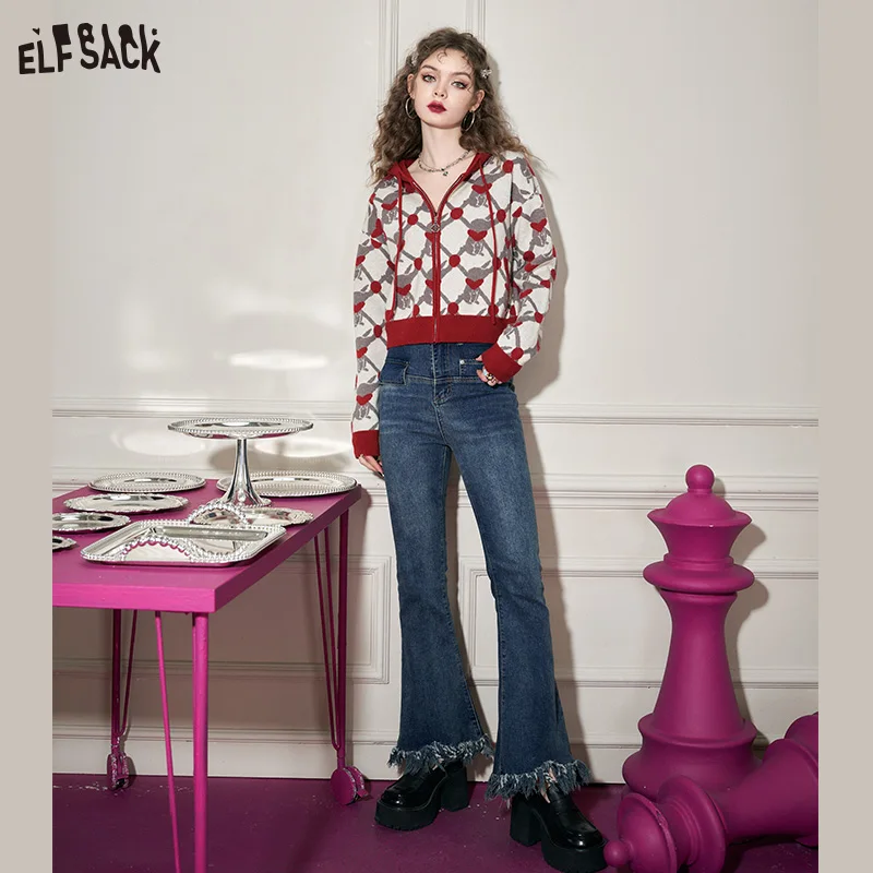 ELFSACK Red Hooded Jacquard Sweater Women 2023 Spring Long Sleeve Basic Short Tops enlarge