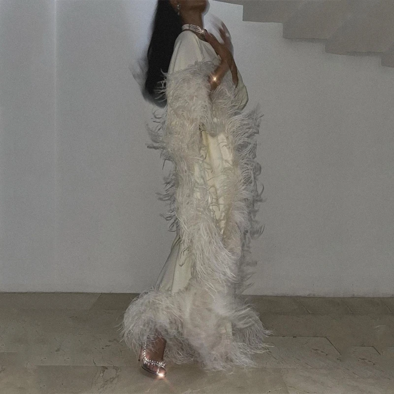 

White Mermaid Evening Dress Off the Shoulder Long Sleeve Prom Dress 2023 Luxury Feather Party Dress فساتين مناسبة رسم