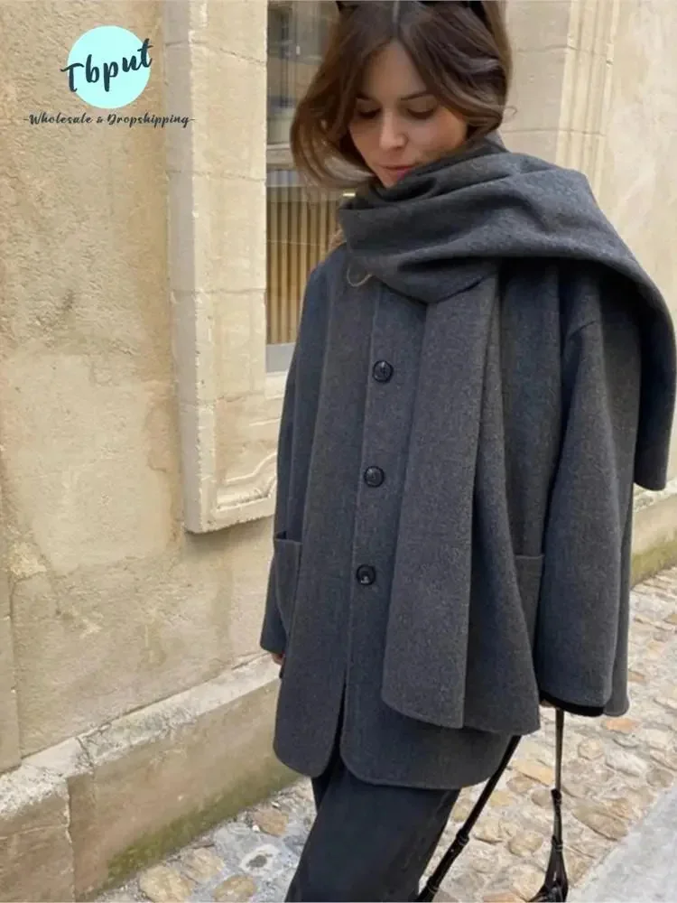 

Осенне-зимнее женское теплое плотное пальто в стиле пэчворк, женское повседневное однобортное пальто с шарфом и карманами, женская модная уличная куртка
