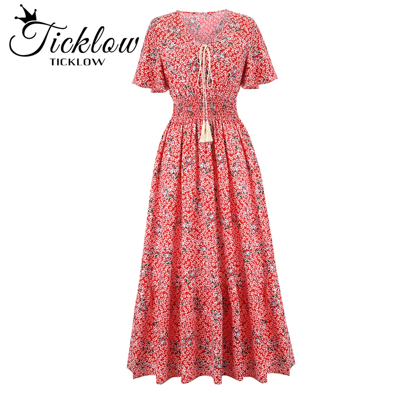 

Women Dresses Summer 2022 Sexy Round Neck Floral Print Boho Beach Dress Ruffle Short Sleeve Dark Pink Beach Party Long Dress XL
