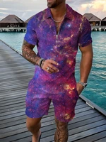 mens tracksuit galaxy polo shirt set men sports casual flame polo zip up lapel 3d printed suit short sleevesshorts sets