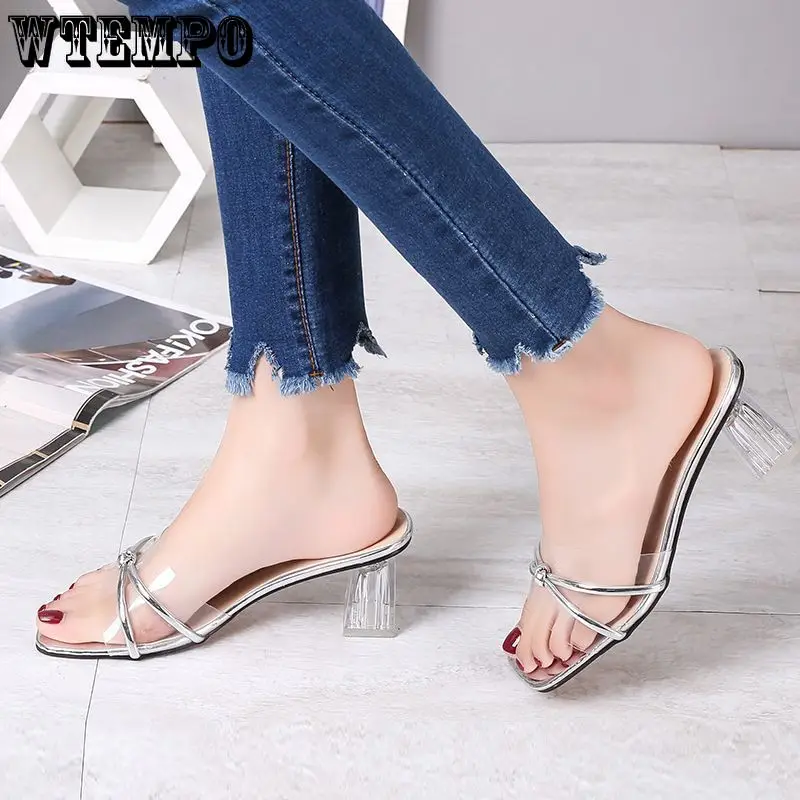 WTEMPO Women Slippers Summer Open Toe High Heel Fashion Female Outdoor Sandals Clear Crystal Heel Slip on Slides Sexy Pumps
