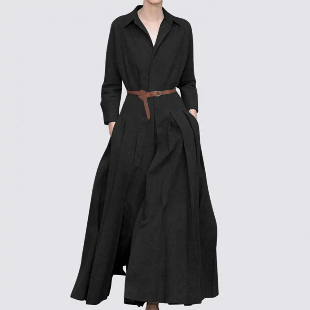 

Autumn Dress Turn-Down Collar Lightweight Waist Tight Autumn Pure Color A-Line Maxi Dress Office Lady Dress Female Clothing