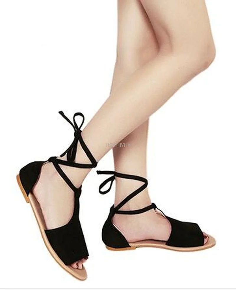 

Женские сандалии в римском стиле, открытый носок, перекрестная повязка, ремешок на щиколотке, пляжная обувь на плоской подошве, женские тапо...