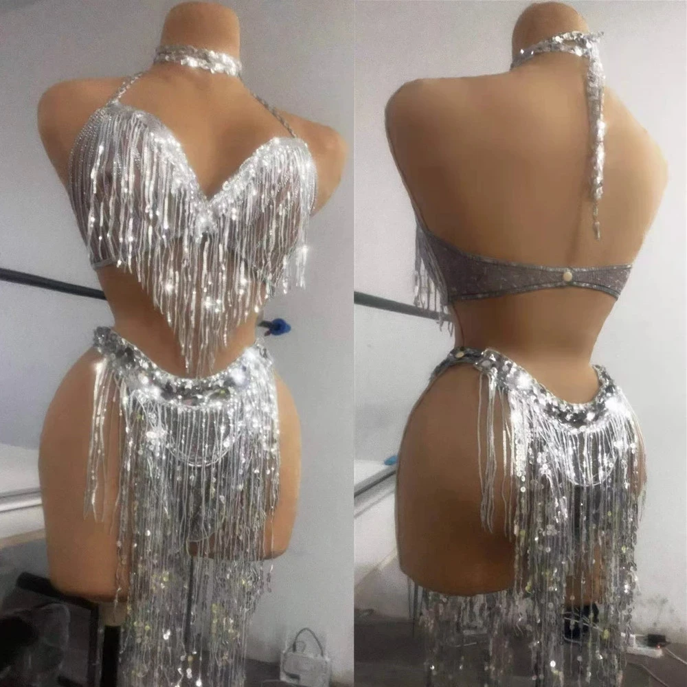

Sparkling Silver Sequin Tassel Bikini Sets Women Sexy Halter Fringes Bra + Shorts Nightclub DJ Pole Dance Stage Outfit Sets