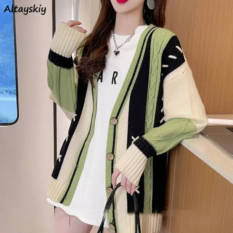 

Panelled V-neck Cardigan Women New Design 2022 Autumn Baggy Knitwear Lazy Fashion Patchwork Korean Style Ulzzang Harajuku Chic