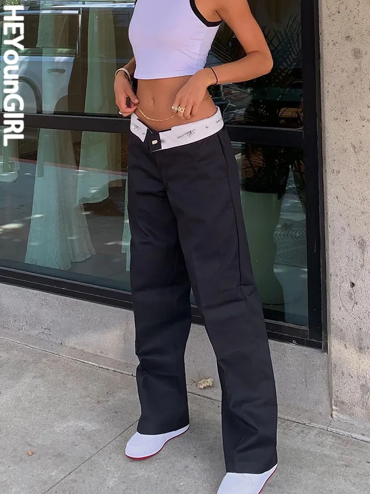 

HEYounGIRL Casual Solid Pants Women Summer 2022 Turn Over Low Waist Vintage Trousers Fashion Streetwear Basic Joggers Lady 90s