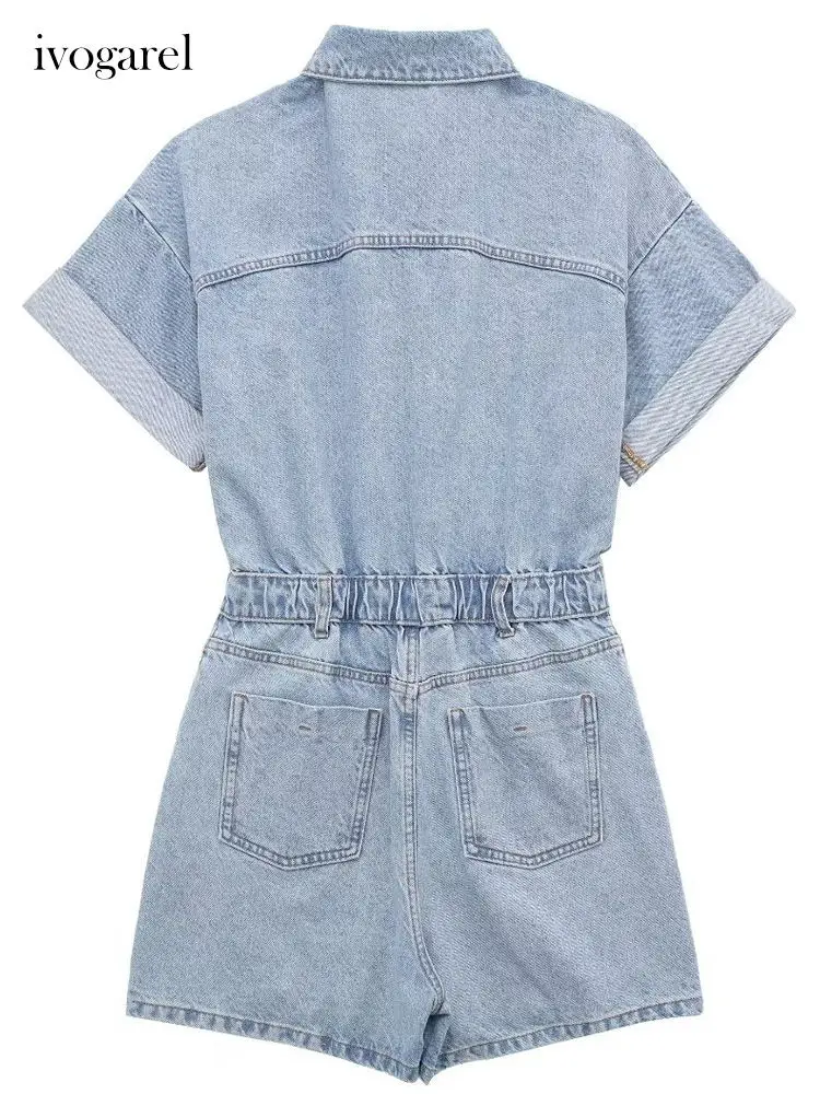 Ivogarel 2023 Summer Stylish Women's Denim Playsuit Female Collared Design Casual Jumpsuits Turn-Up Short Sleeves Bodysuit