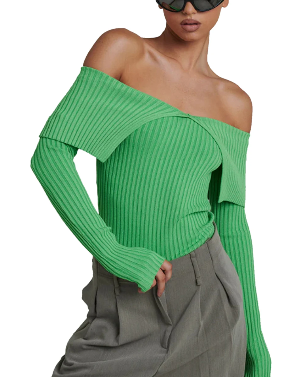 

Женский укороченный Топ с длинным рукавом и открытыми плечами, трикотажный облегающий Повседневный однотонный пуловер в рубчик, свитер