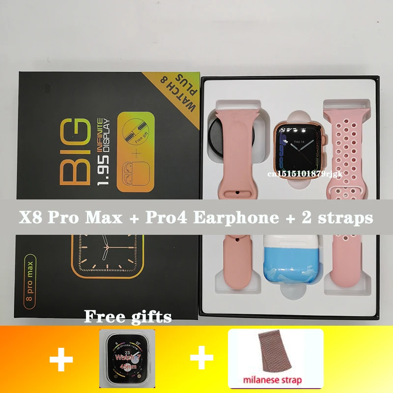 

Подарочная коробка X8 Pro Max Смарт-часы + Pro 4 + 2 ремешка + Бесплатный подарок для женщин и мужчин 1,95 дюймовые сенсорные Смарт-часы