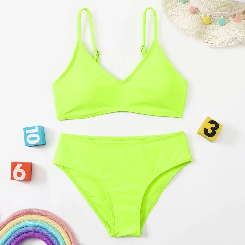 

Solid Lime Green Girls Swimsuit Kids Triangle Bikini Set 7-14 Years Two Piece Children's Swimwear Padded Bathing Suit Beachwear
