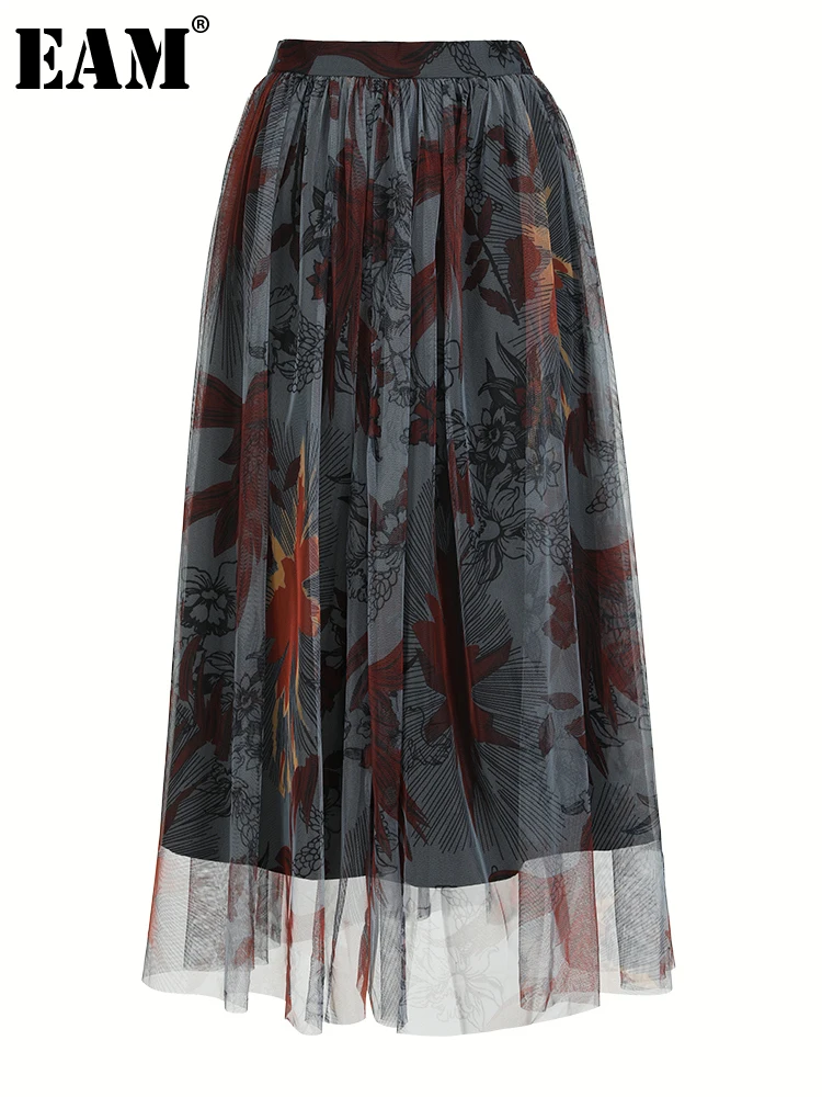 

[EAM] High Waist Pattern Printed Mesh Spliced Long Holiday Half-body Skirt Women Fashion Tide New Spring Autumn 2023 2D132309
