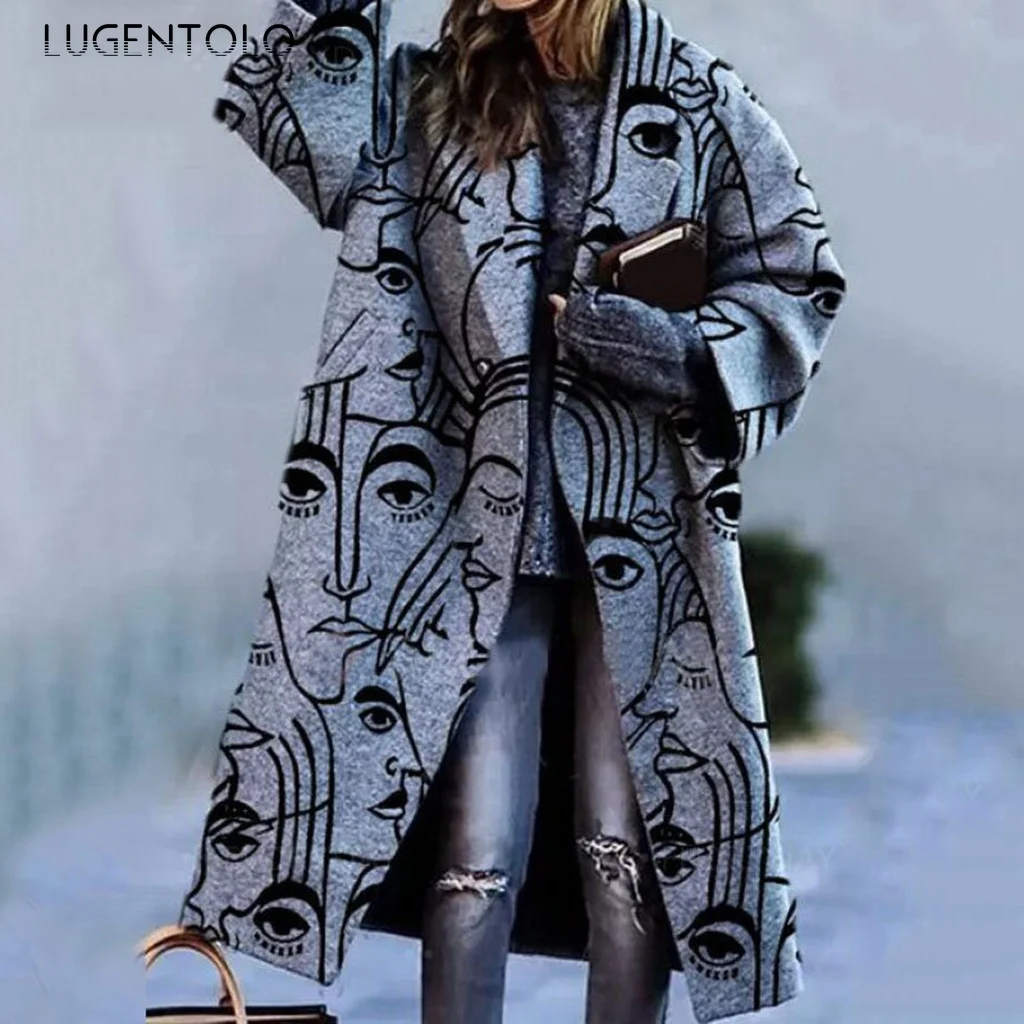 

Women Autumn Blends Long Coat Prin Splicing Fashion Long Sleeve Lapel Coats Female Single Button Large Size Blends Lugentolo