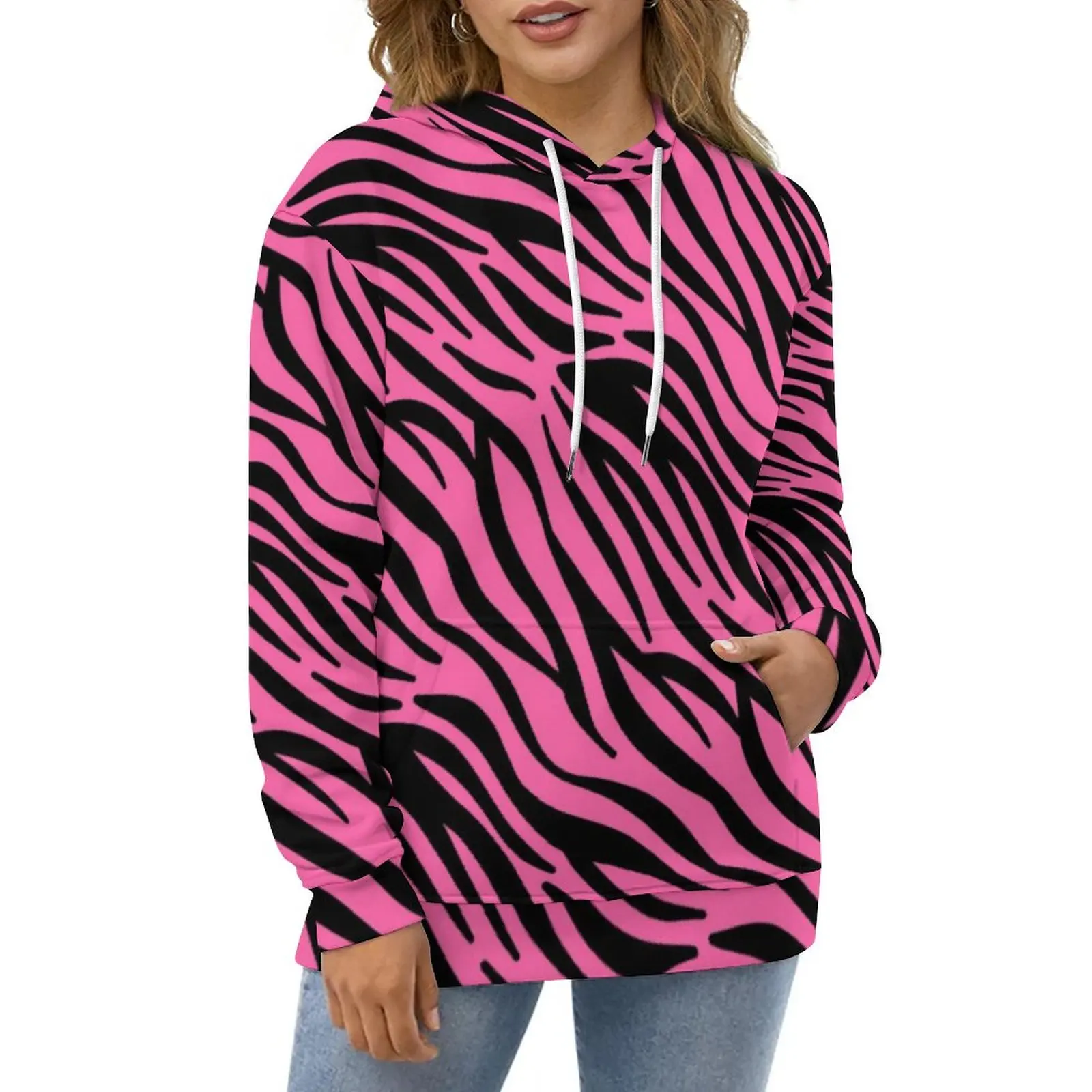 

Pink Zebra Print Hoodies Black Stripes Street Fashion Oversized Hoodie Couple Long Sleeve Retro Design Casual Hooded Sweatshirts