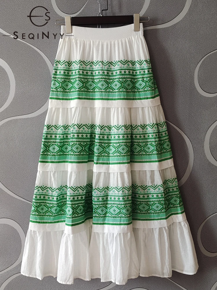 

Женская длинная юбка с цветочной вышивкой, в зеленую полоску