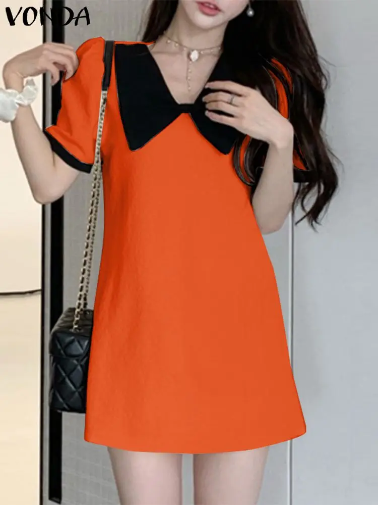

Элегантное короткое мини-платье VONDA, женское летнее платье с буффами на рукавах, с отворотом, женский пляжный сарафан, повседневный свободный сексуальный цветной пэчворк, женское платье