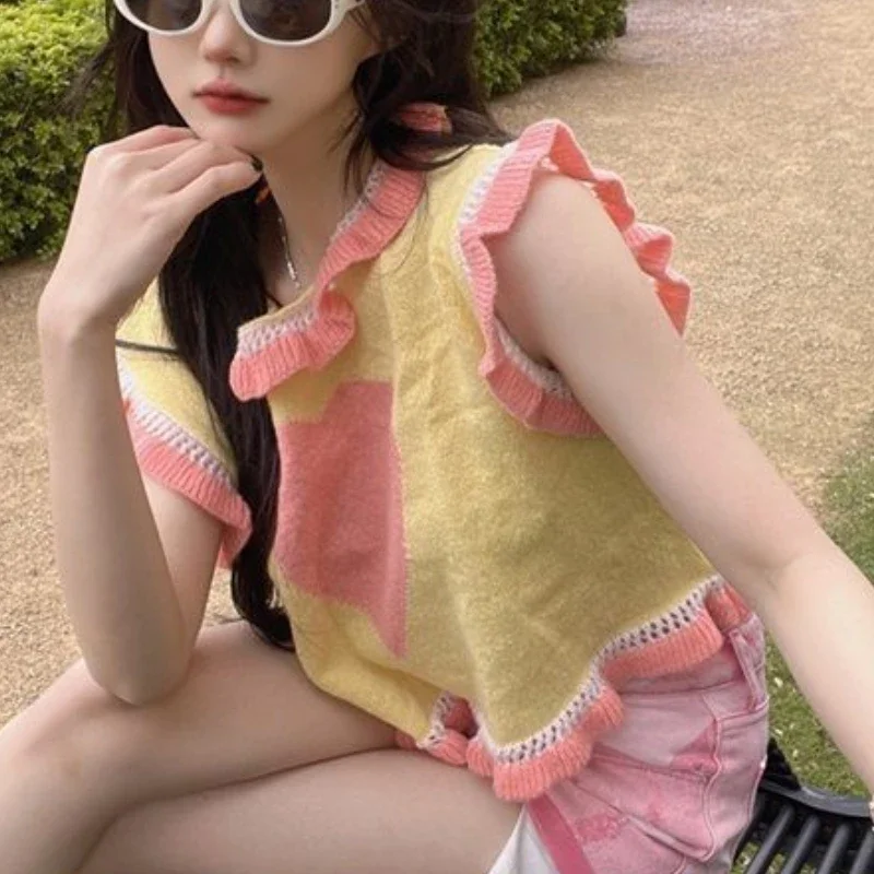 Винтажный свитер жилет для женщин эстетический кавайный принт с оборками летняя