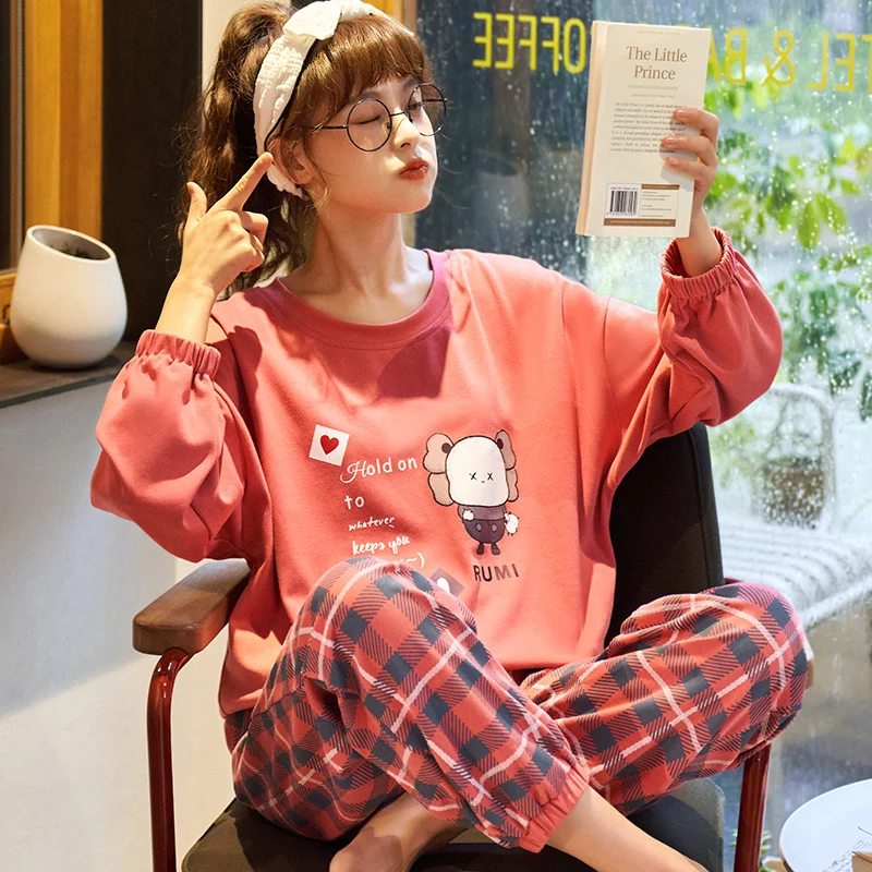 

Autumn Long Sleeves Sleep Tops Trouser Women's Pajamas Set Spring Korean Cotton Sleepwear Pyjamas suit Home Clothes New Freeship