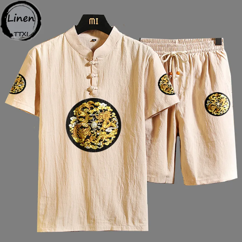 

New Men'S Thin Linen Suit Summer Chinese Loose Large Cotton And Linen 2 Pieces Suit Short Sleeve Trousers 2 Pieces Set
