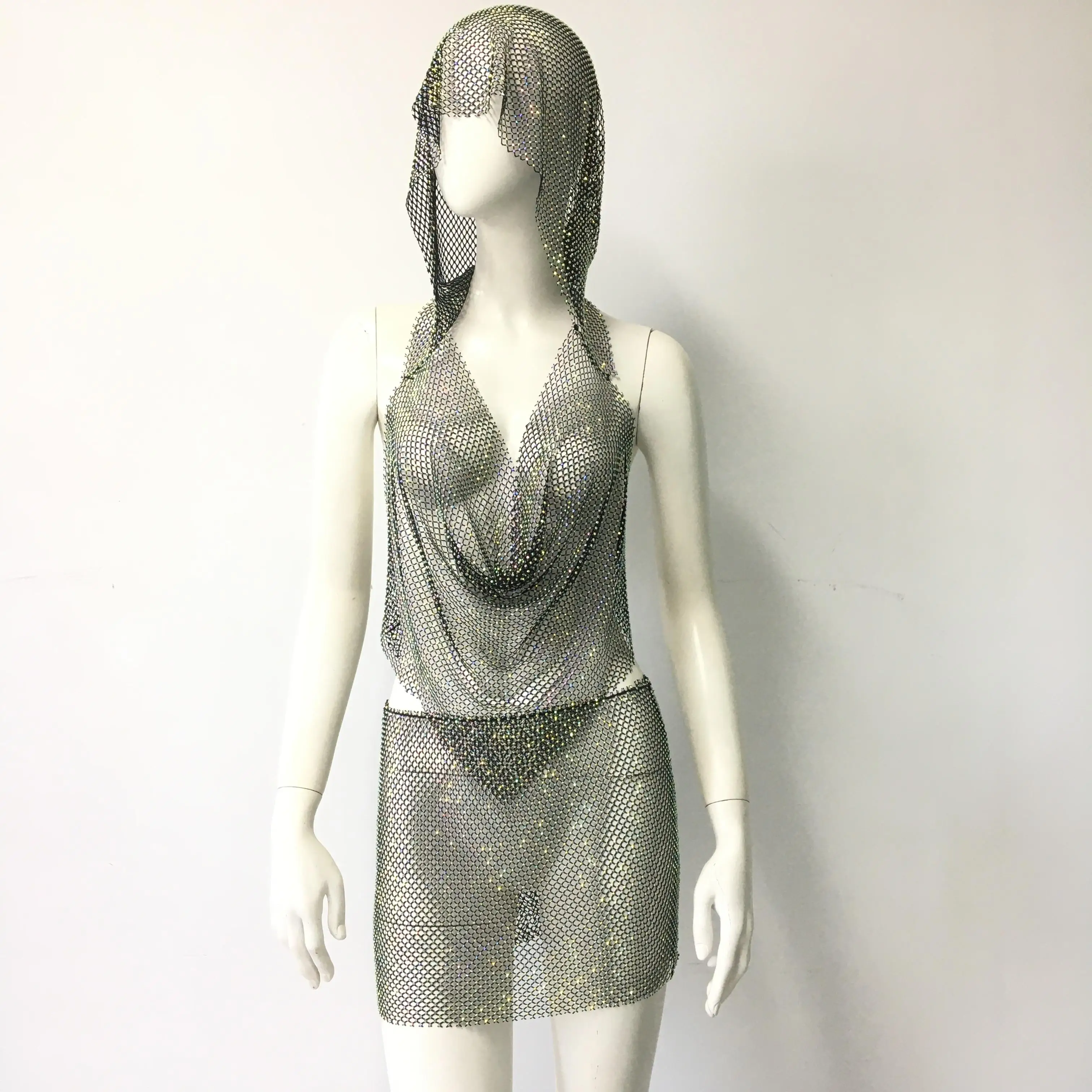 Элегантное эластичное Сетчатое платье с капюшоном женское глубоким V-образным