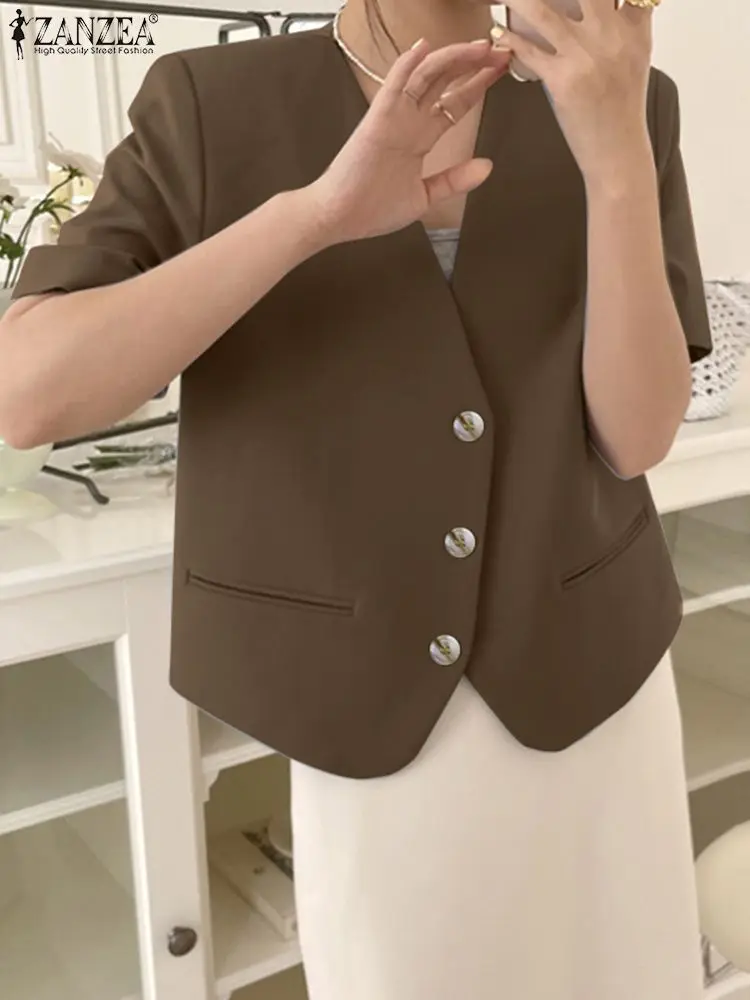 ZANZEA 2023 Spring Summer Solid Suit Jackets Korean Fashion Short Sleeve Blazer Women Office Wear V-neck Buttons Leisure Suits