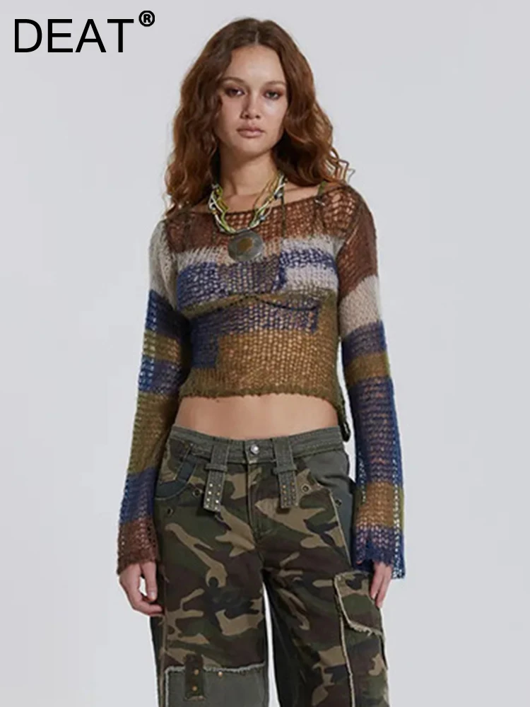 

Женский трикотажный пуловер DEAT, ажурный свитер контрастных цветов с круглым вырезом и открытой спиной, на шнуровке, осень 2023