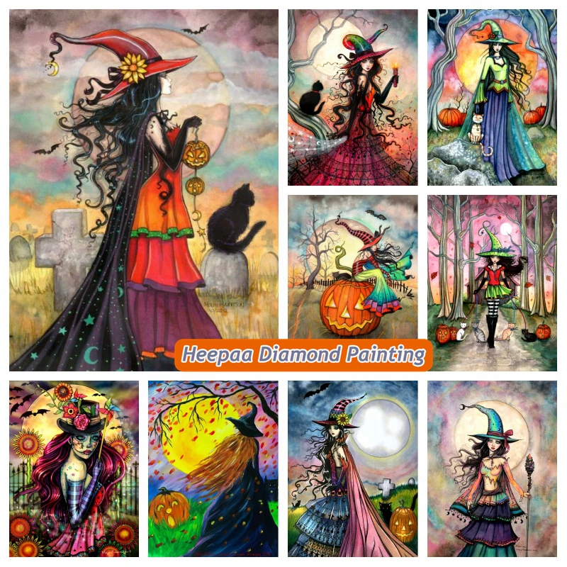 

Fantasy Halloween Witch Girl Diamond Painting Kits Cartoon Autumn Black Cat Pumpkin Art Mosaic Cross Stitch Home Decor Gift