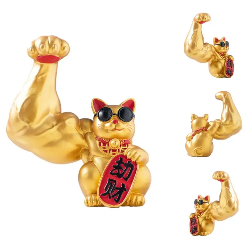 

Chinese Lucky Cat Gold Resin Waving Hand Cat Big Arm Waving Cat Sculpture Animal Fortune Statue Office Home Decor Car Ornament