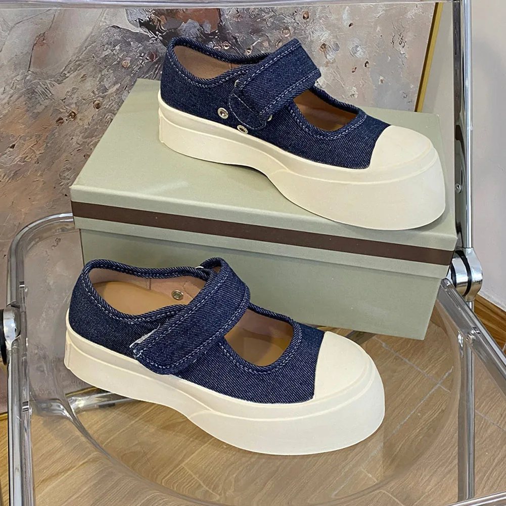 Top Quality Women Flats 2023 Spring Summer Casual Mary Jane Flats Denim Blue Comfy Walk Designer Rubber Fashion Vulcanized Shoes