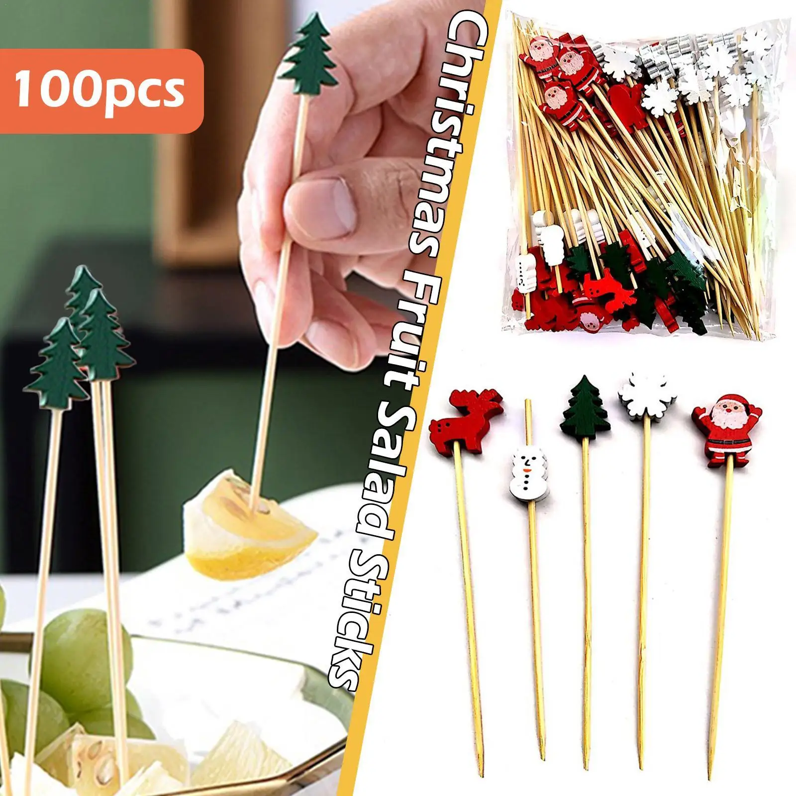 

100 Pcs Christmas Toothpicks Food Picks Dessert Buffet Fruit Salad Fork Cake Muffin Party Vegetable Sticks Cocktail