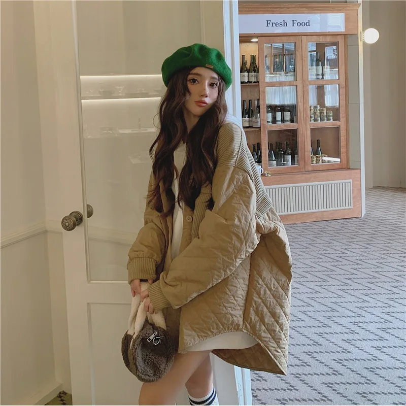 Knitted Stitching Rhombus Long-Sleeved Cotton Jacket Women's Autumn and Winter Retro Irregular Loose Cotton Jacket