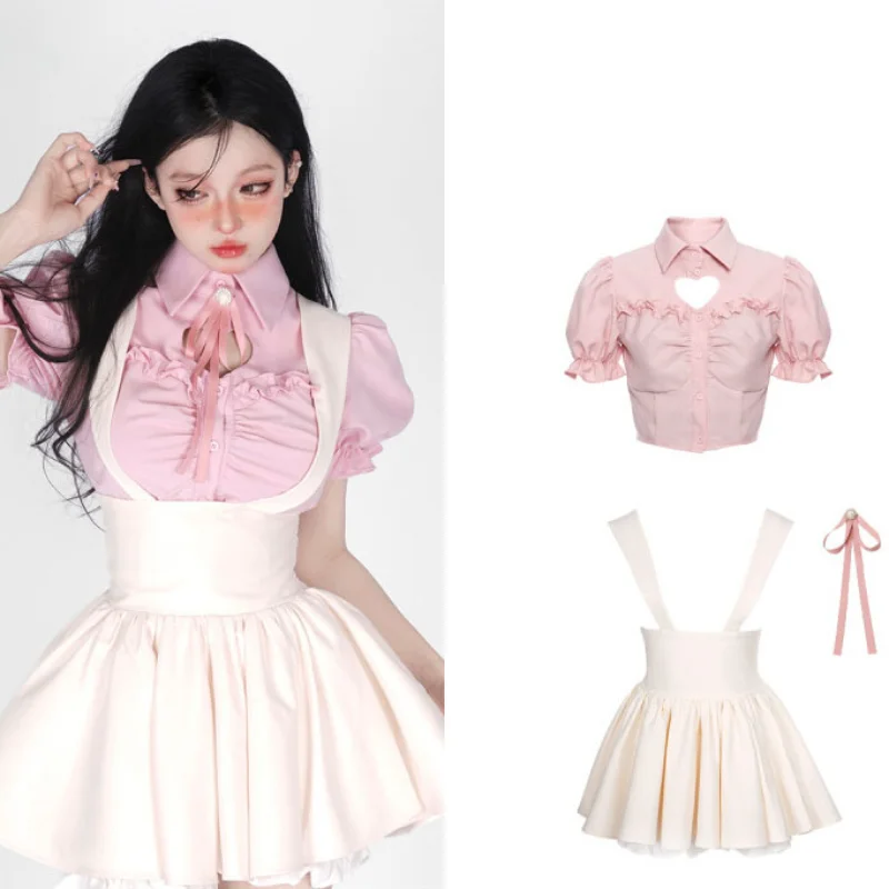 

2023 Spring Summer New Two Piece Sets Womens Outifits Sweet Pink Shirt+Apricot Suspender Skirt Women Suits Summer Set Two Piece