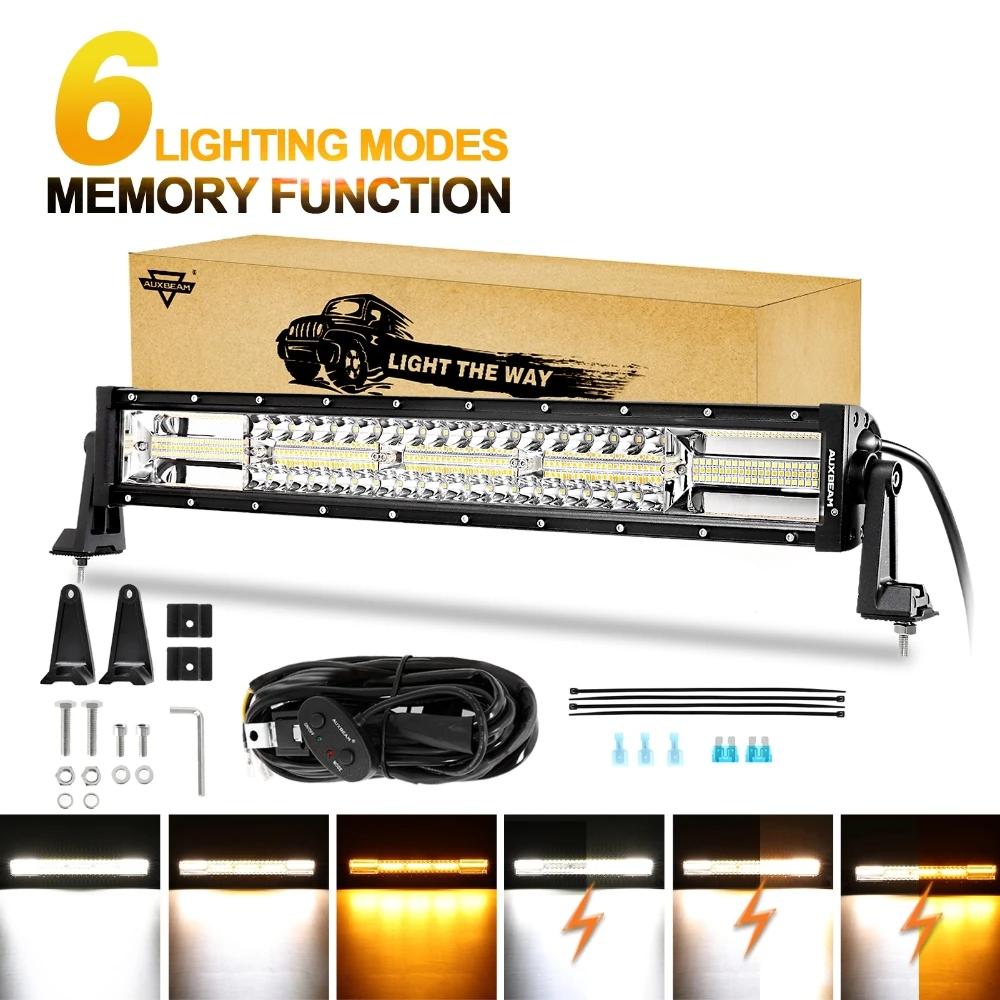 AUXBEAM 22 Inch LED Light Bar with Wiring Harness 6 Modes White&Amber Work Light with Memory Function Off Road Driving Fog Light