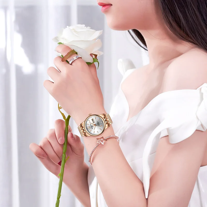 Fashion Wlisth Brand Women Watch Steel Watches Lovers Gift Rose Gold Chinese & English Calendar Quartz Clock Waterproof enlarge